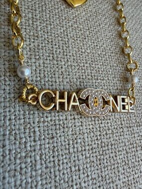 Upcycled cc Gold Pearl Logo Bar Necklace